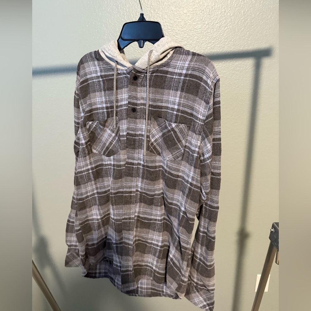 RSQ Gray and Light Blue Plaid Flannel Shirt with Hood